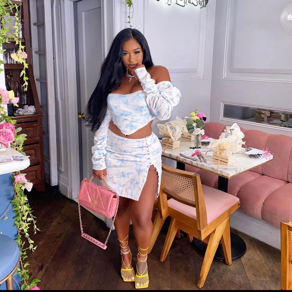 Blue and White Floral Skirt Set